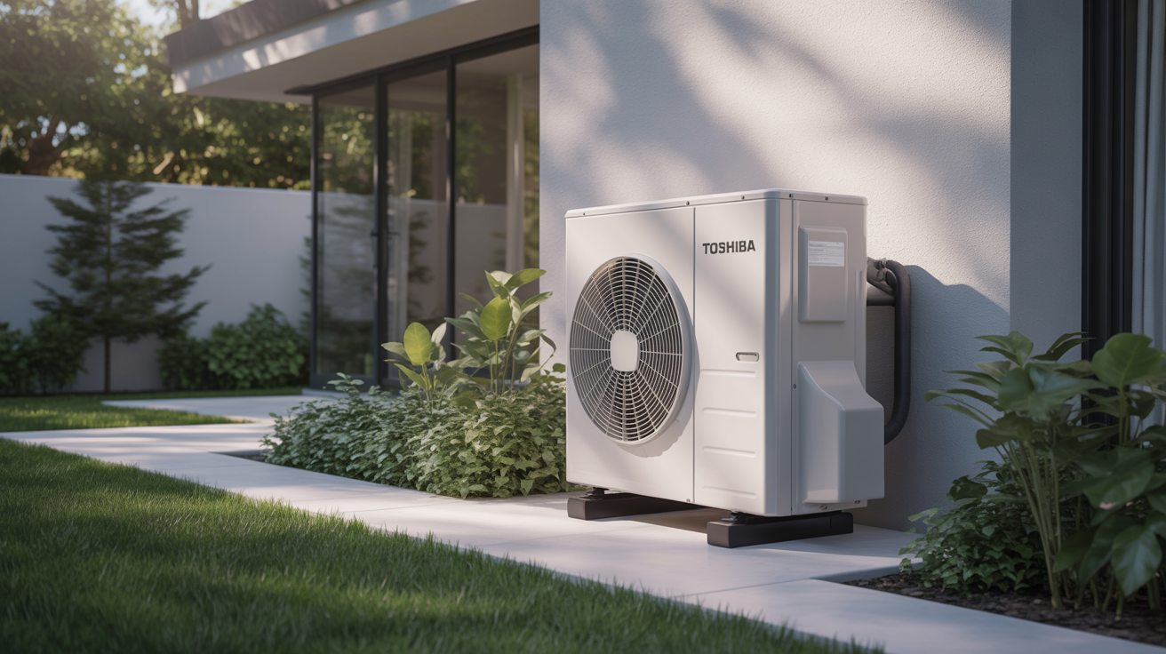 pac toshiba installée dans un jardin contre une maison moderne