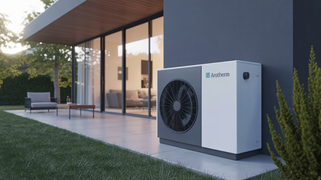 pac vaillant arotherm prix installée à l’extérieur d’une maison moderne avec jardin soigné