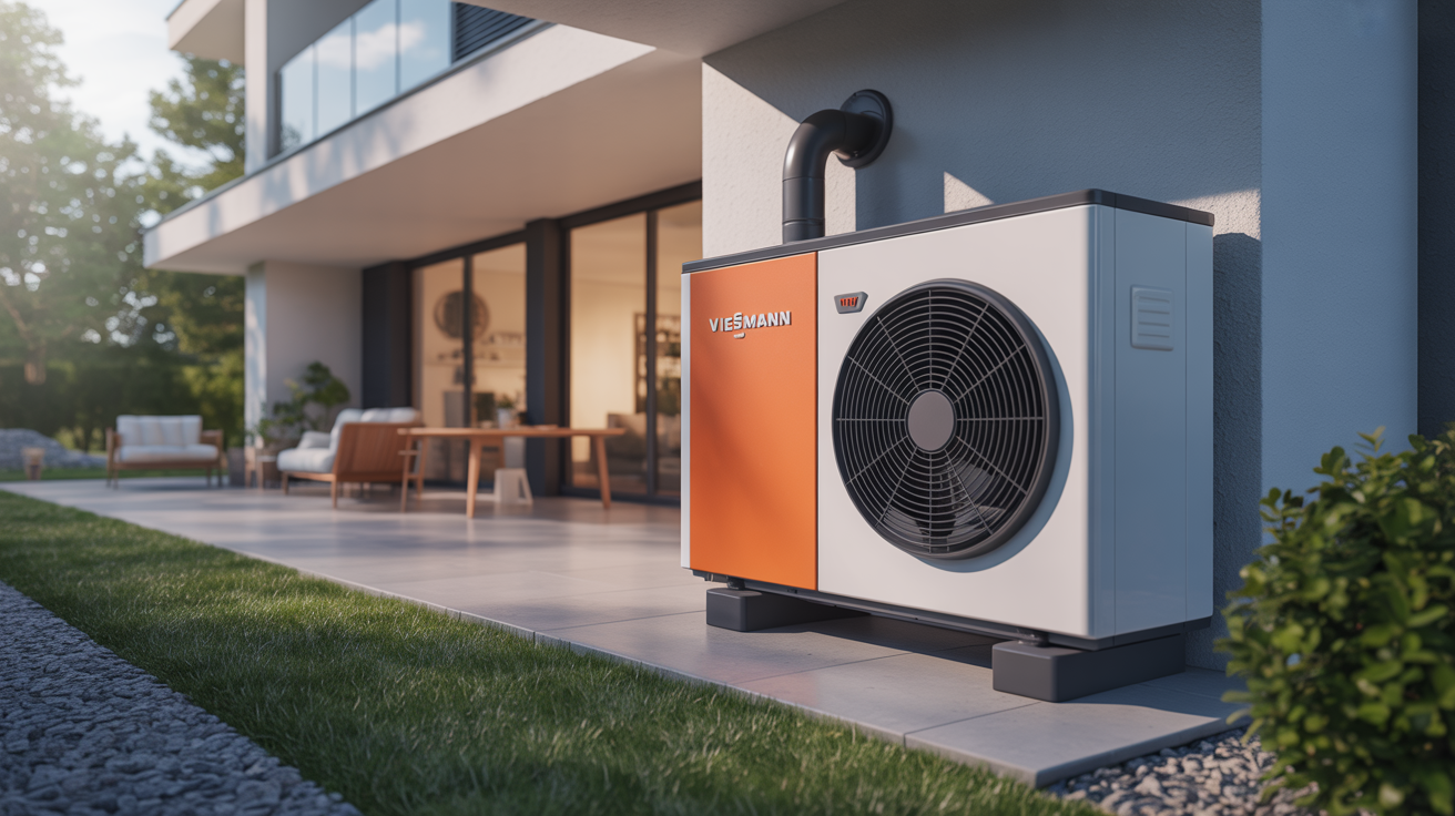 pac viessmann vitocal 222s installée à l’extérieur d’une maison moderne, unité visible et environnement soigné