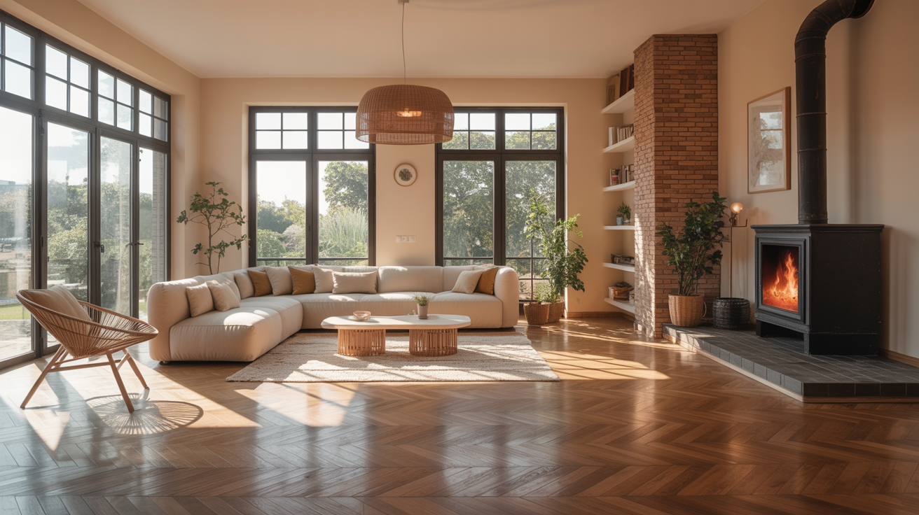 plancher chauffant pac intégré dans un salon moderne lumineux avec grande baie vitrée