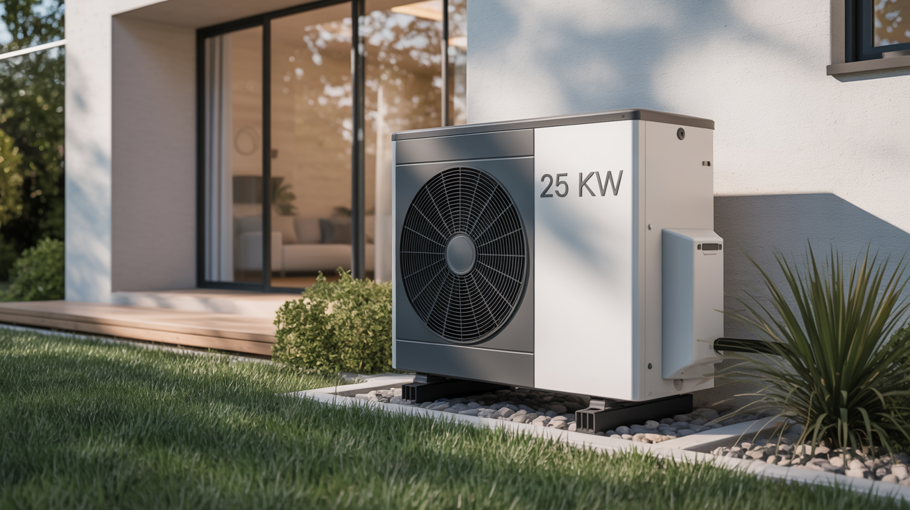 pompe à chaleur 25 kw prix installée dans un jardin moderne à côté d’une maison contemporaine