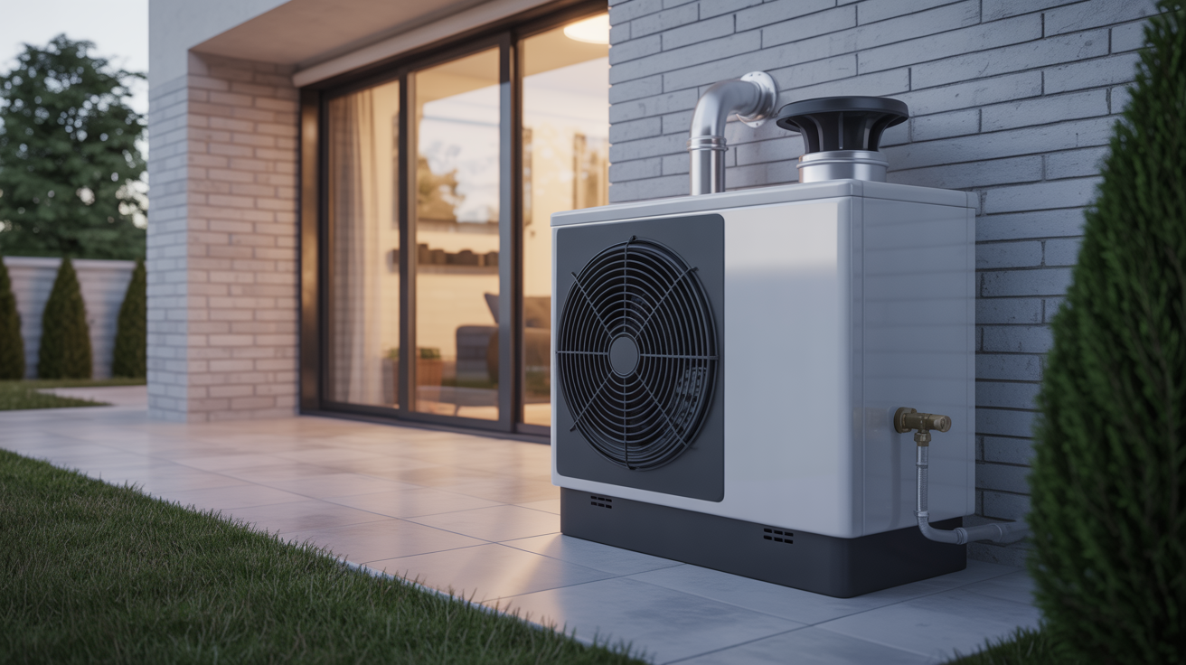 pompe à chaleur à gaz installée à l’extérieur d’un bâtiment résidentiel moderne