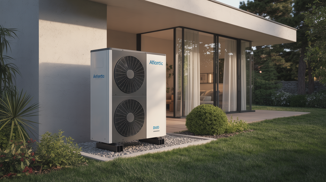 pompe a chaleur air eau atlantic alfea extensa duo posée à l’extérieur d’une maison contemporaine avec jardin soigné