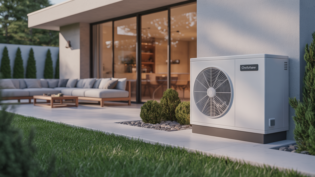 pompe a chaleur air eau chaffoteaux installée à l’extérieur d’une maison contemporaine avec jardin