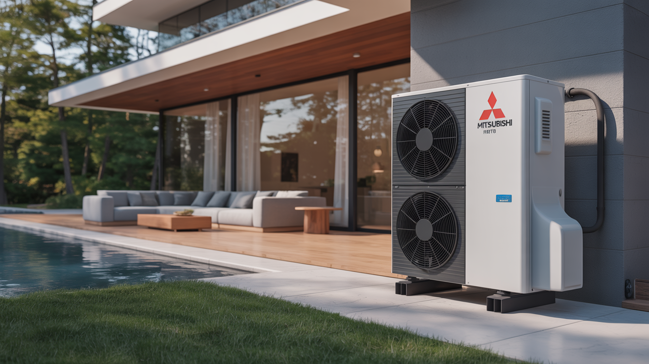 pompe a chaleur air eau mitsubishi installée à l’extérieur d’une maison moderne