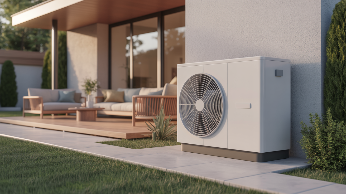 pompe a chaleur air eau monobloc installée à l’extérieur d’une maison contemporaine