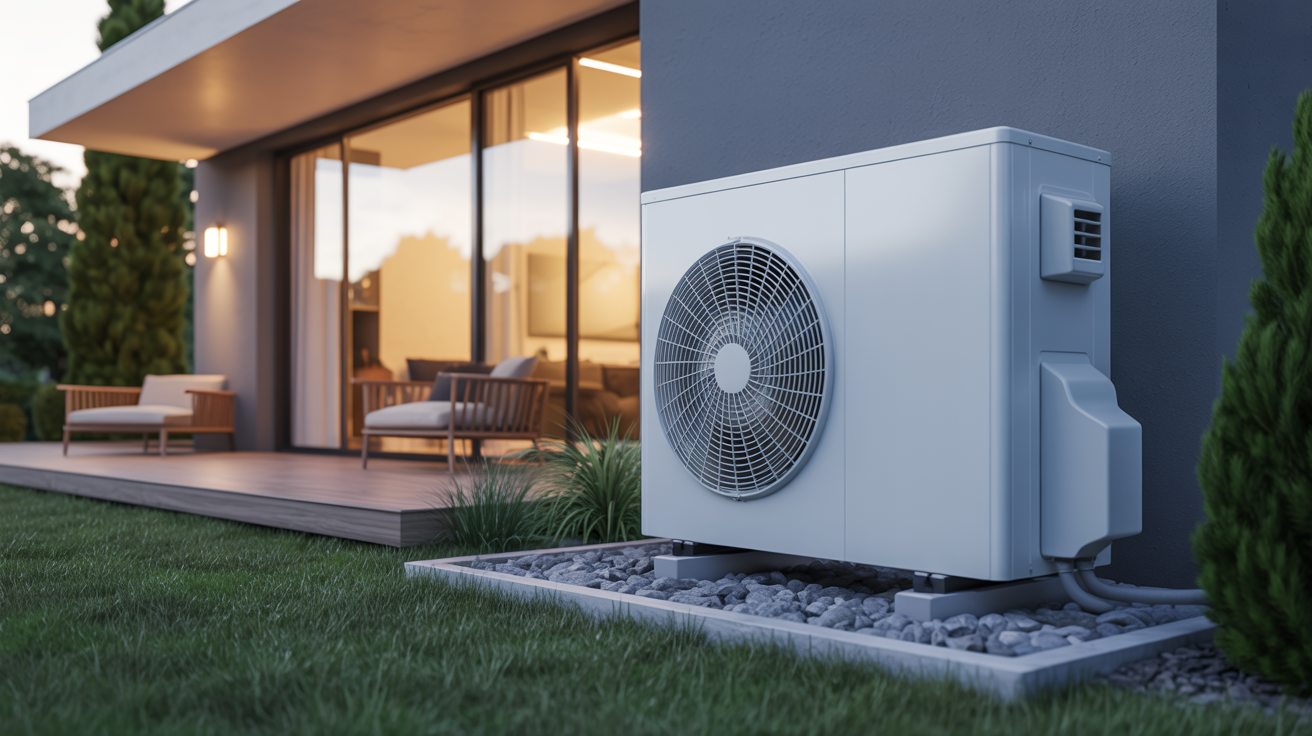 pompe à chaleur air eau ou air air installée à l’extérieur d’une maison contemporaine