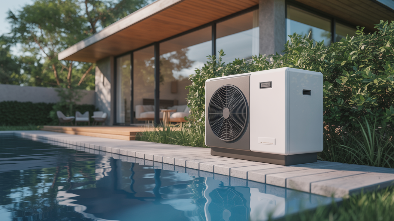 pompe à chaleur air eau silencieuse installée devant une maison moderne au jardin