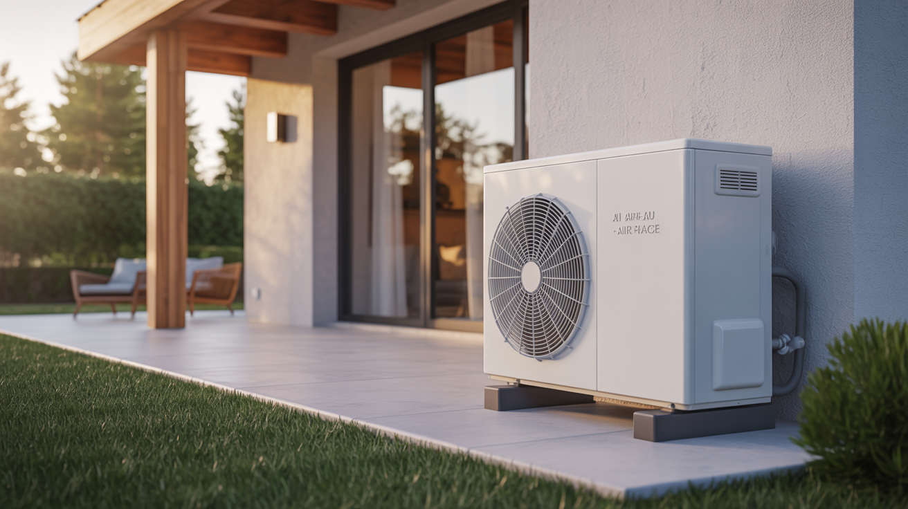 pompe a chaleur air eau triphasé installée à l’extérieur d’une maison moderne