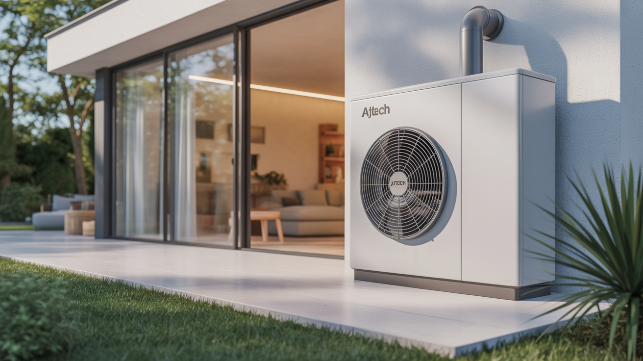 pompe a chaleur ajtech installée à l’extérieur d’une maison moderne avec unité extérieure élégante