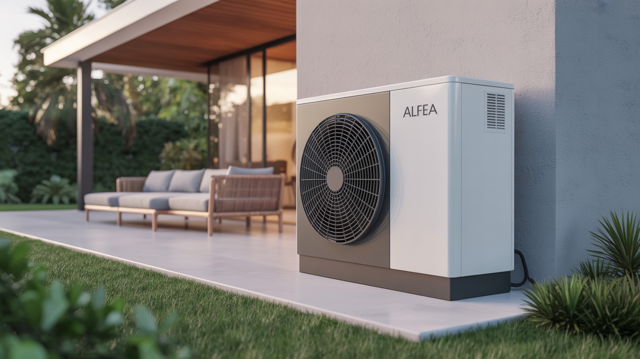pompe a chaleur alfea excellia atlantic installée à l’extérieur d’une maison contemporaine