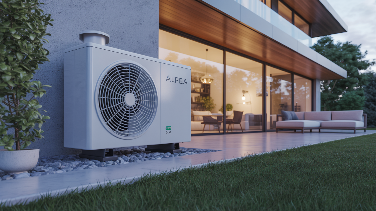 pompe à chaleur alfea extensa duo montée sur le mur extérieur d’une maison moderne au design épuré
