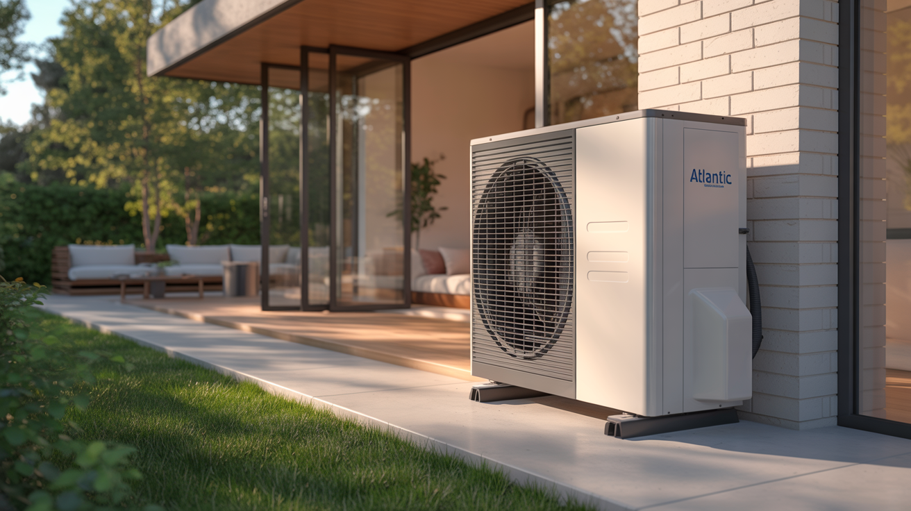 pompe a chaleur atlantic alfea extensa duo installée à l’extérieur d’une maison moderne, lumière naturelle