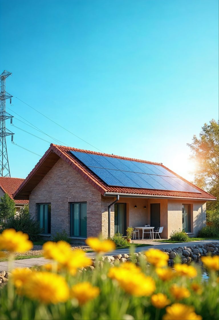 pompe à chaleur avec panneau solaire installés sur le toit d'une maison résidentielle moderne