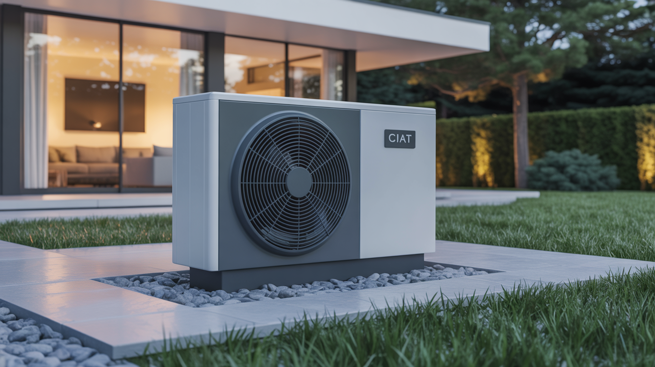 pompe à chaleur CIAT installée à l’extérieur d’une maison moderne dans un jardin paysager