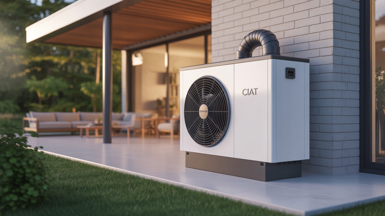 pompe à chaleur ciat prix avec une pompe à chaleur CIAT installée à l’extérieur d’une maison contemporaine