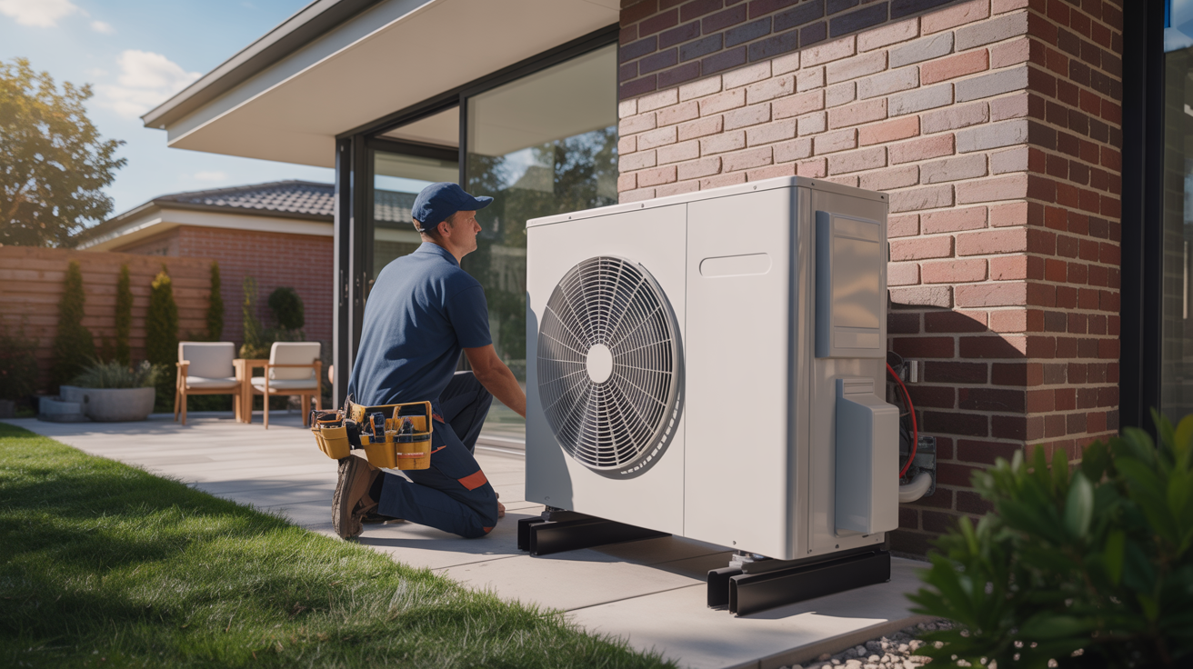 pompe a chaleur cout installation réalisée par un technicien devant une maison moderne