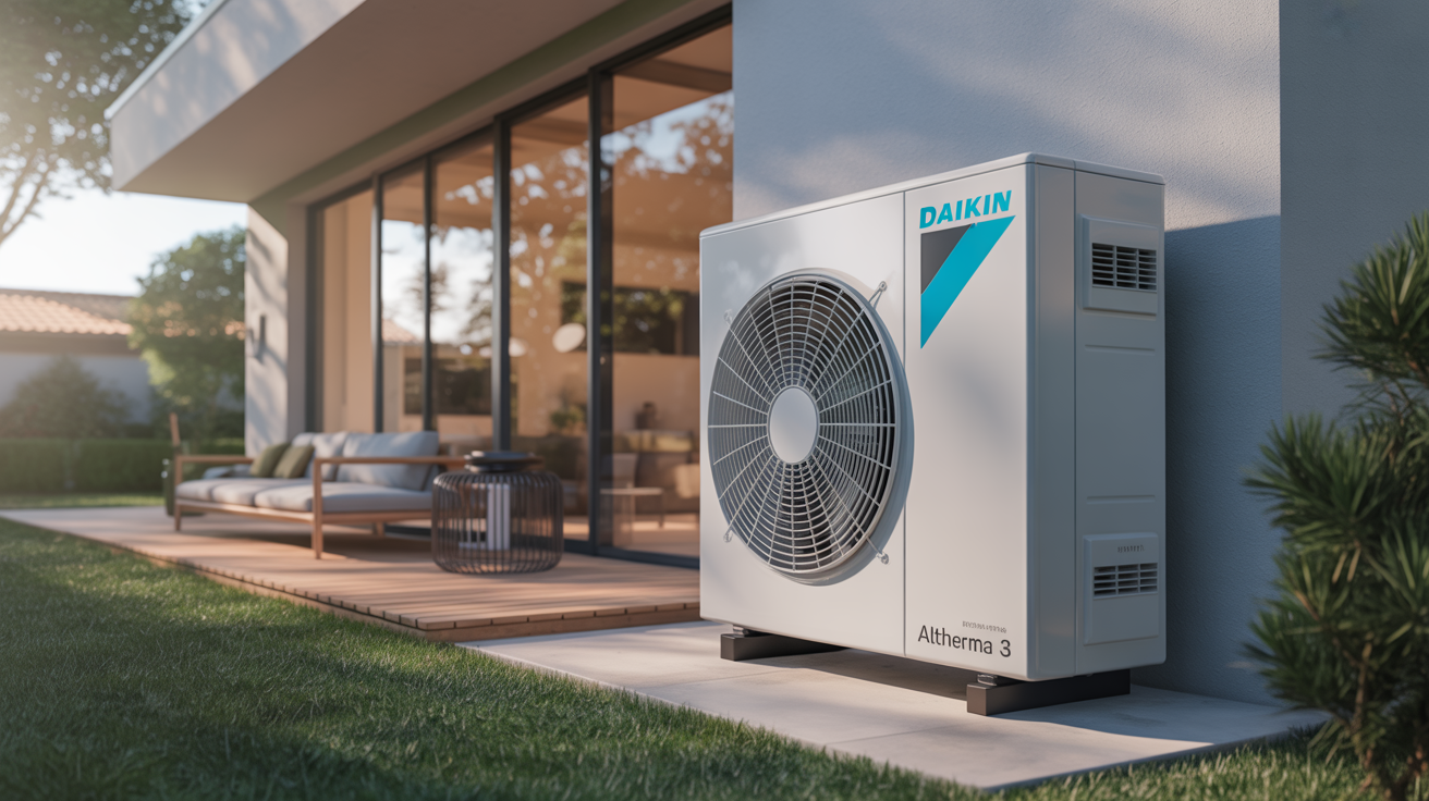pompe à chaleur daikin altherma 3 installée devant une maison contemporaine en lumière naturelle