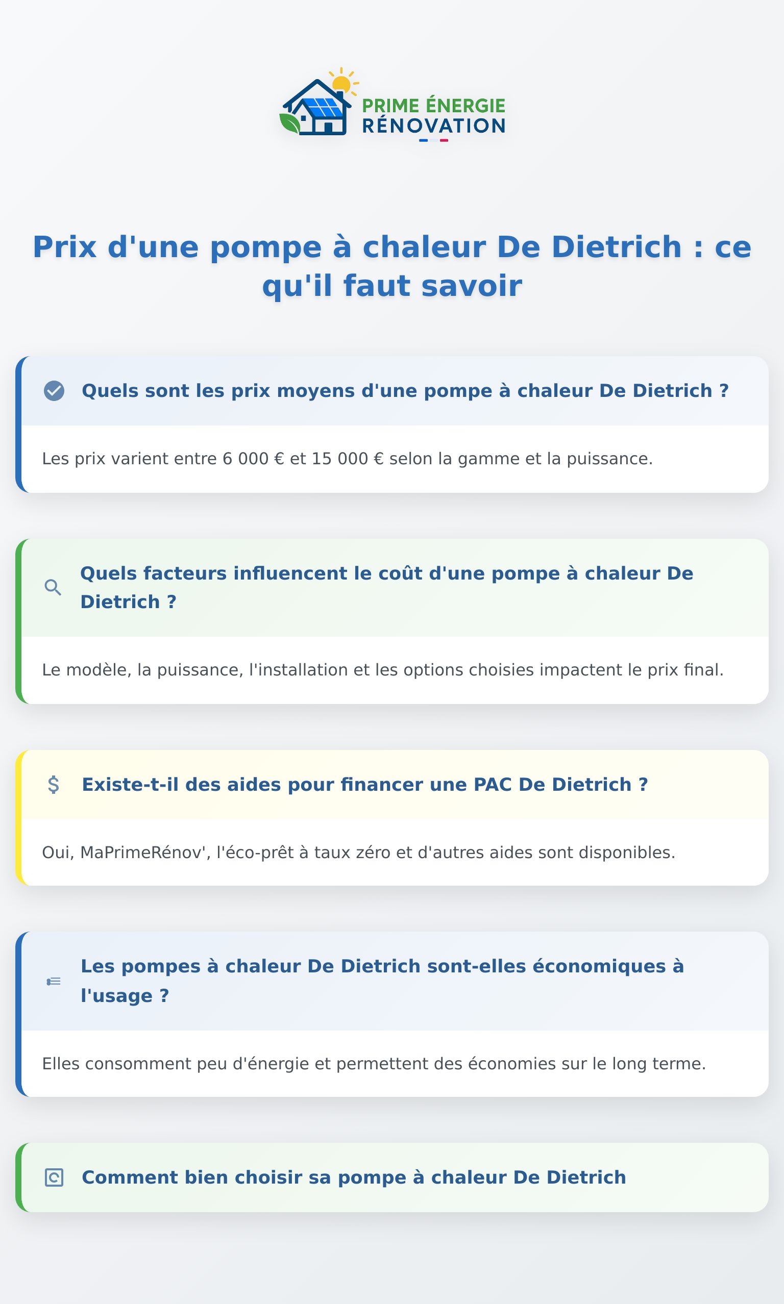 Infographie sur le prix pompe à chaleur De Dietrich et facteurs à considérer