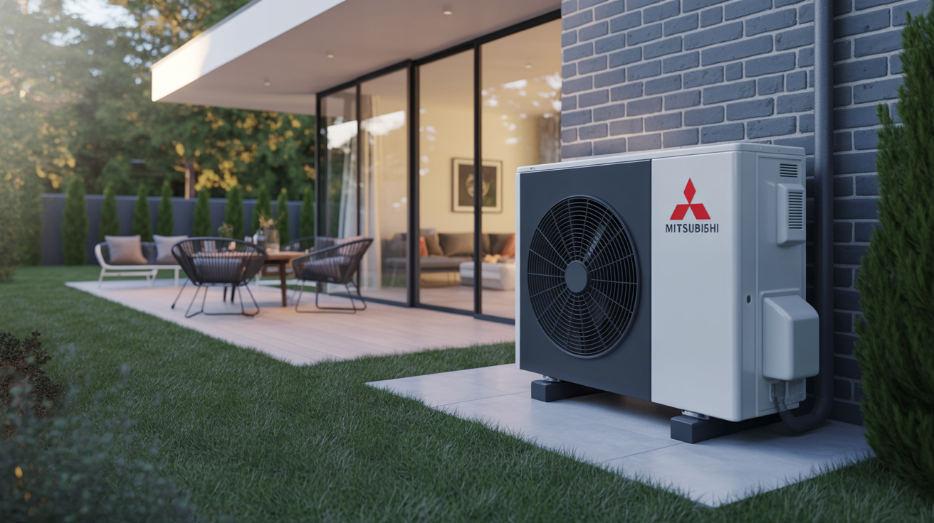 pompe à chaleur ecodan mitsubishi installée devant une maison moderne avec jardin