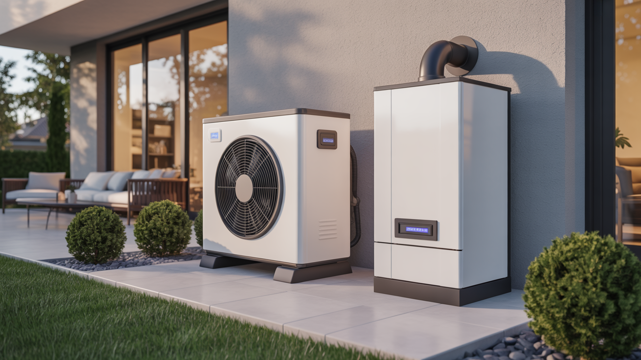 pompe a chaleur electrique ou gaz installées côte à côte à l’extérieur d’une maison moderne pour comparer les systèmes d’énergie