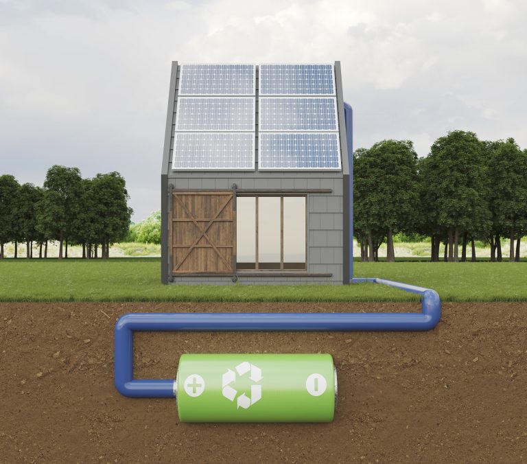 pompe a chaleur et panneau solaire sur une maison 3D moderne avec panneaux solaires installés sur le toit, solution écologique