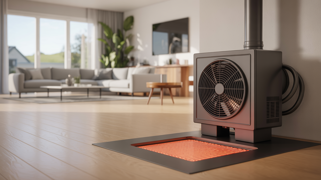 pompe à chaleur et plancher chauffant dans un salon contemporain lumineux