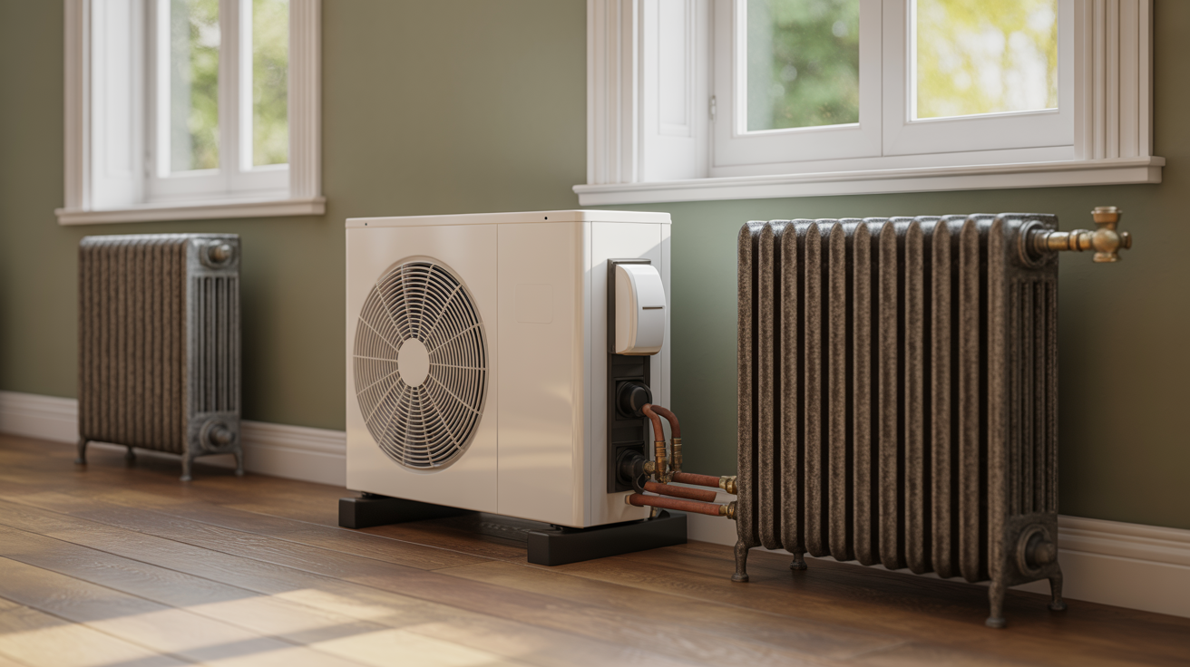pompe à chaleur et radiateur en fonte reliés dans une maison ancienne sous lumière naturelle