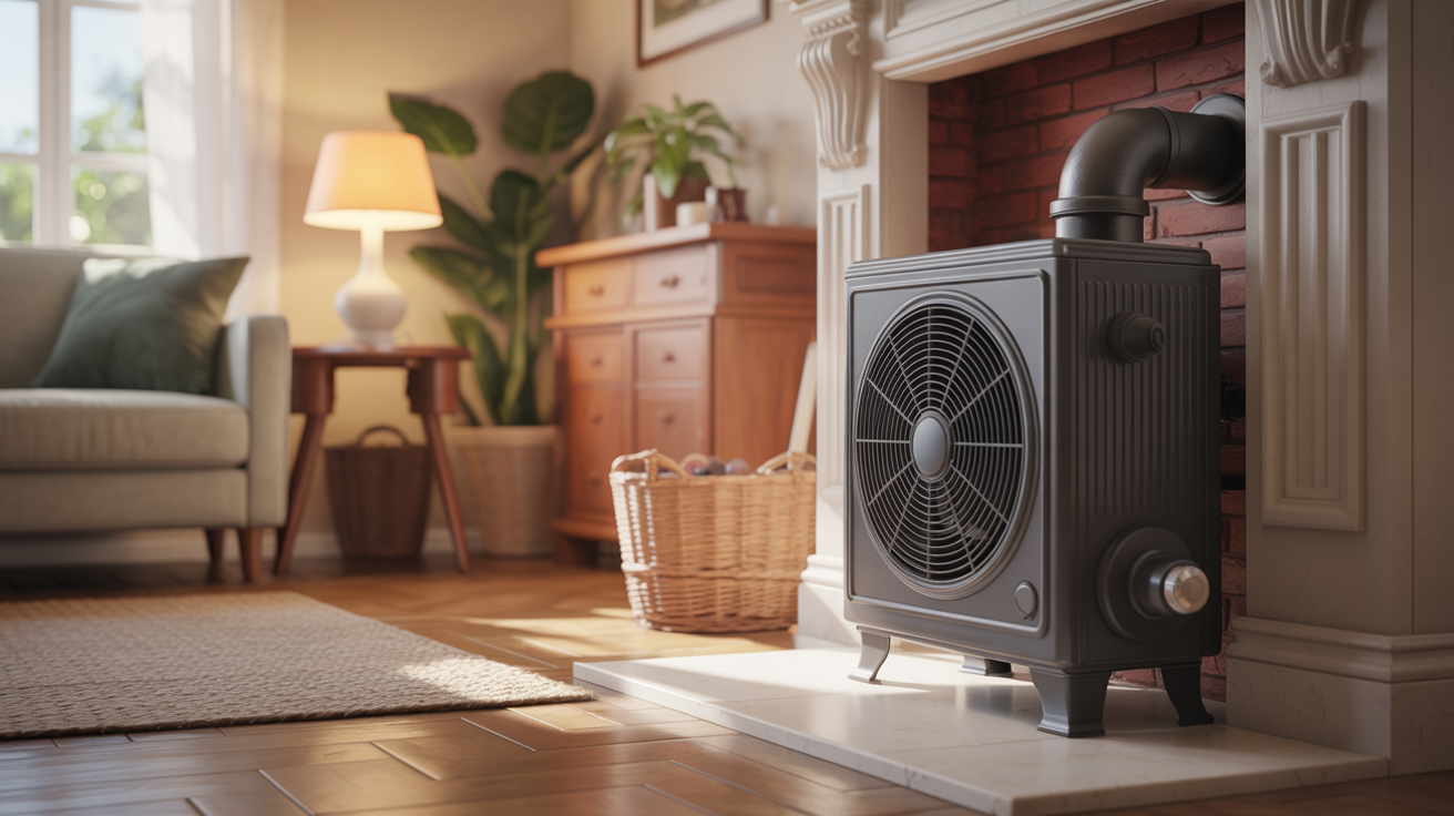 pompe a chaleur et radiateur fonte installés dans un intérieur de maison chaleureux et lumineux