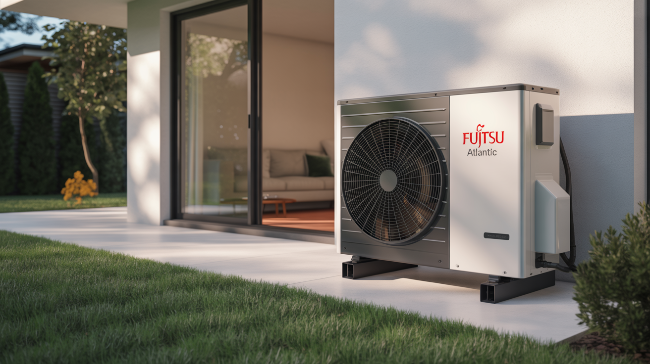 pompe a chaleur fujitsu atlantic installée devant une maison contemporaine avec façade claire