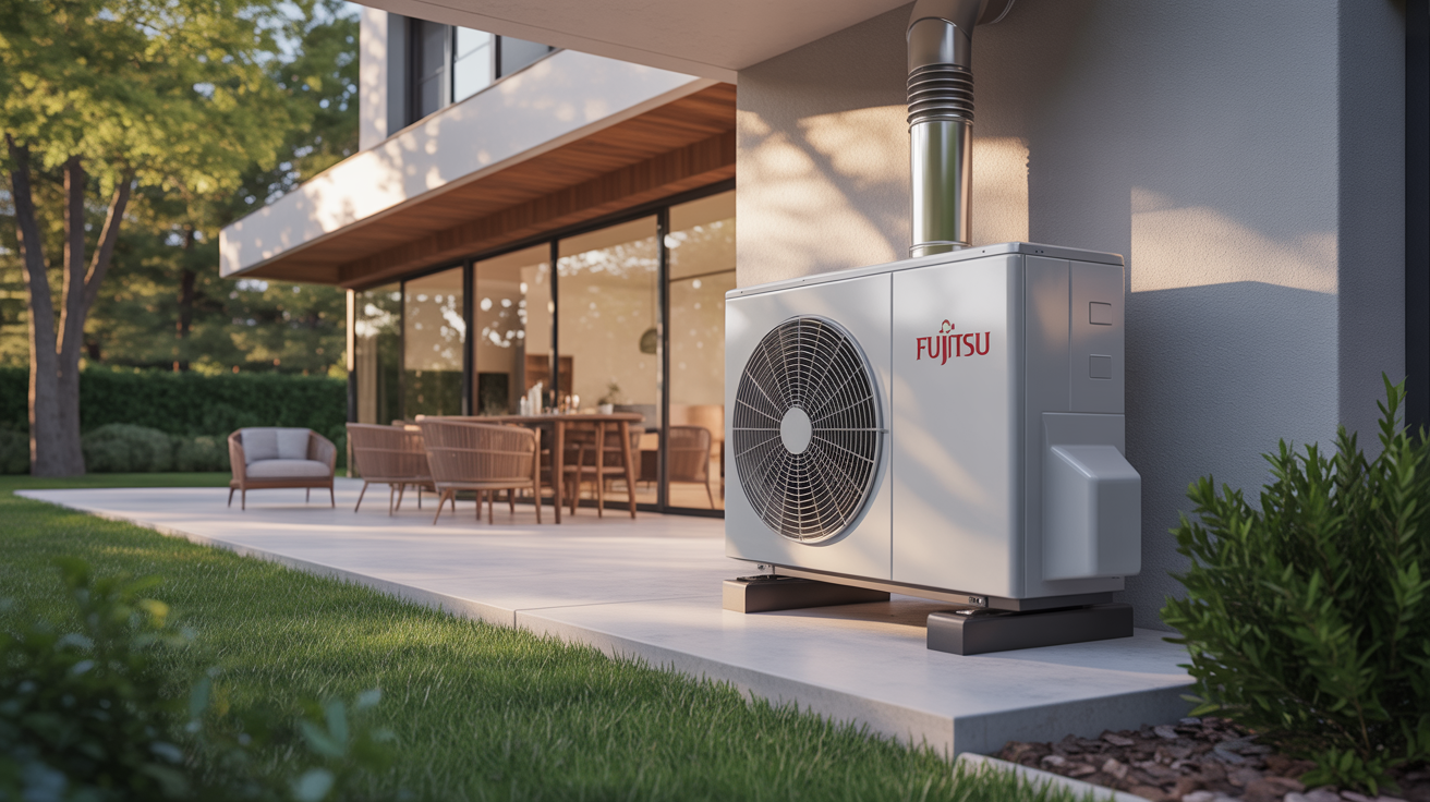 pompe à chaleur fujitsu installée à l’extérieur d’une maison contemporaine