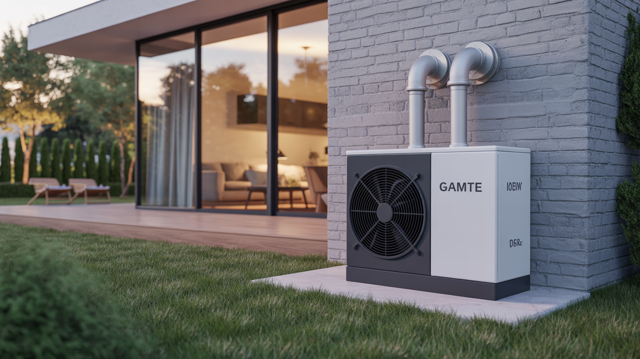 pompe à chaleur gaz posée à l’extérieur d’une maison individuelle récente