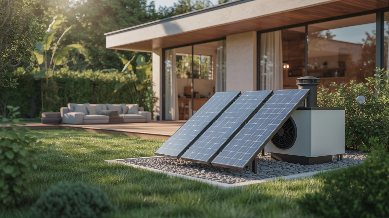pompe à chaleur géothermique ou solarothermique installée dans un jardin moderne avec capteurs solaires