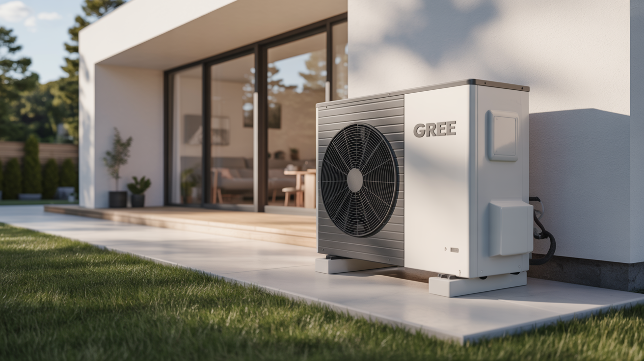 pompe à chaleur gree prix installée à l’extérieur d’une maison moderne avec jardin