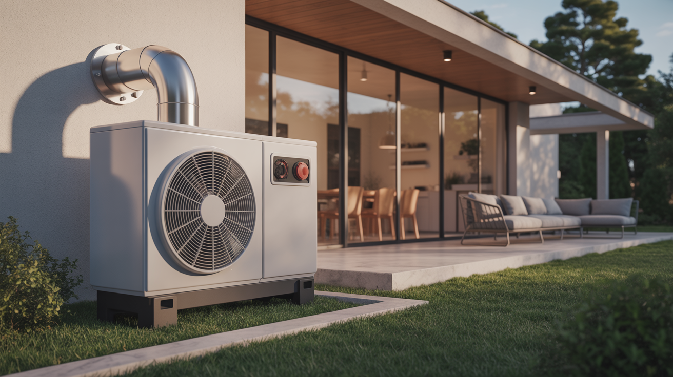 pompe a chaleur haute température 80 c installée à l’extérieur d’une maison moderne sous la lumière naturelle