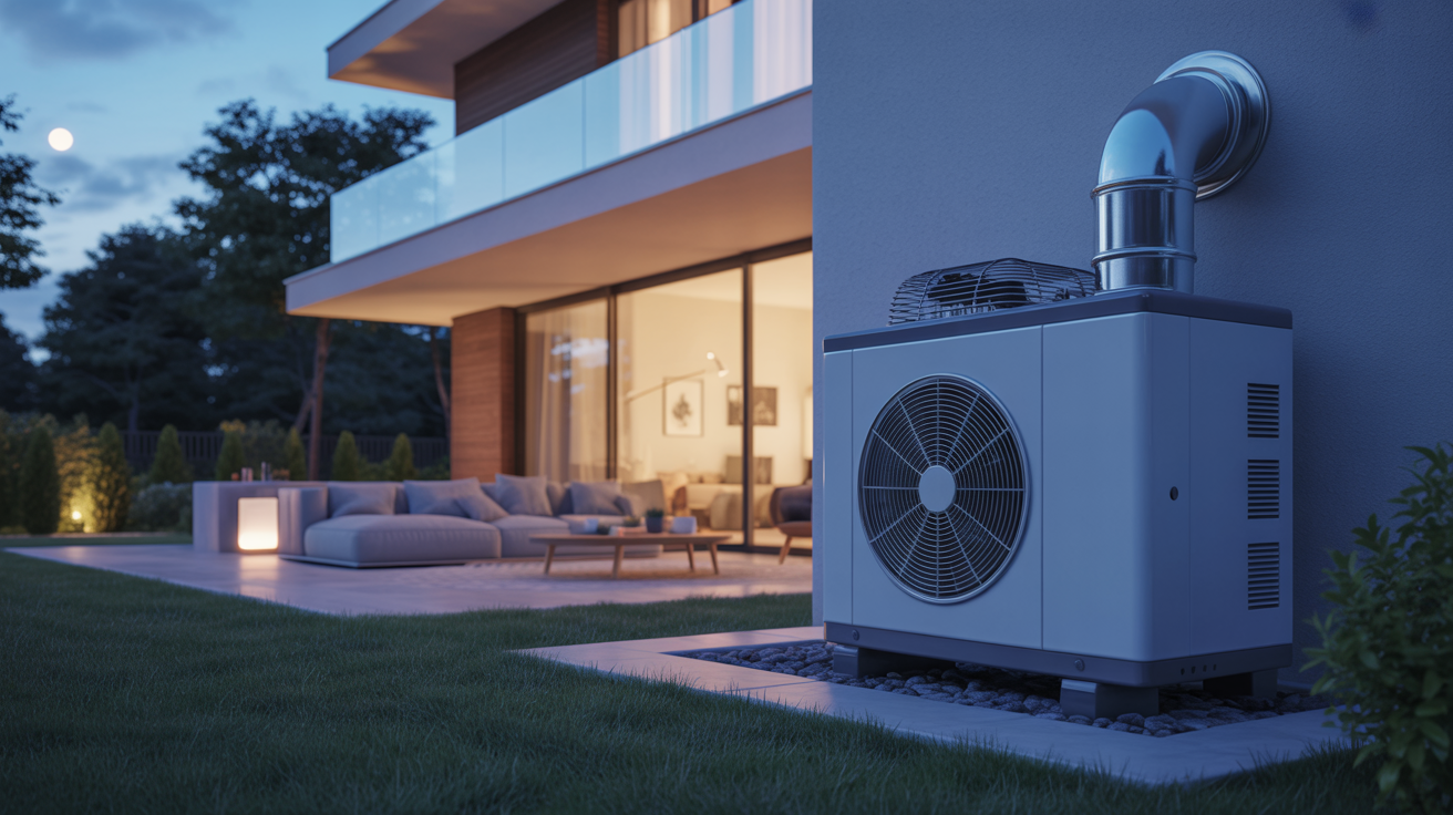 pompe a chaleur heure creuse en fonctionnement à l’extérieur d’une maison moderne de nuit