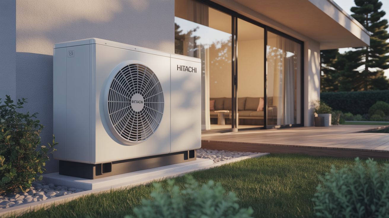 pompe à chaleur hitachi 11kw installée à l’extérieur d’une maison contemporaine avec un jardin soigné