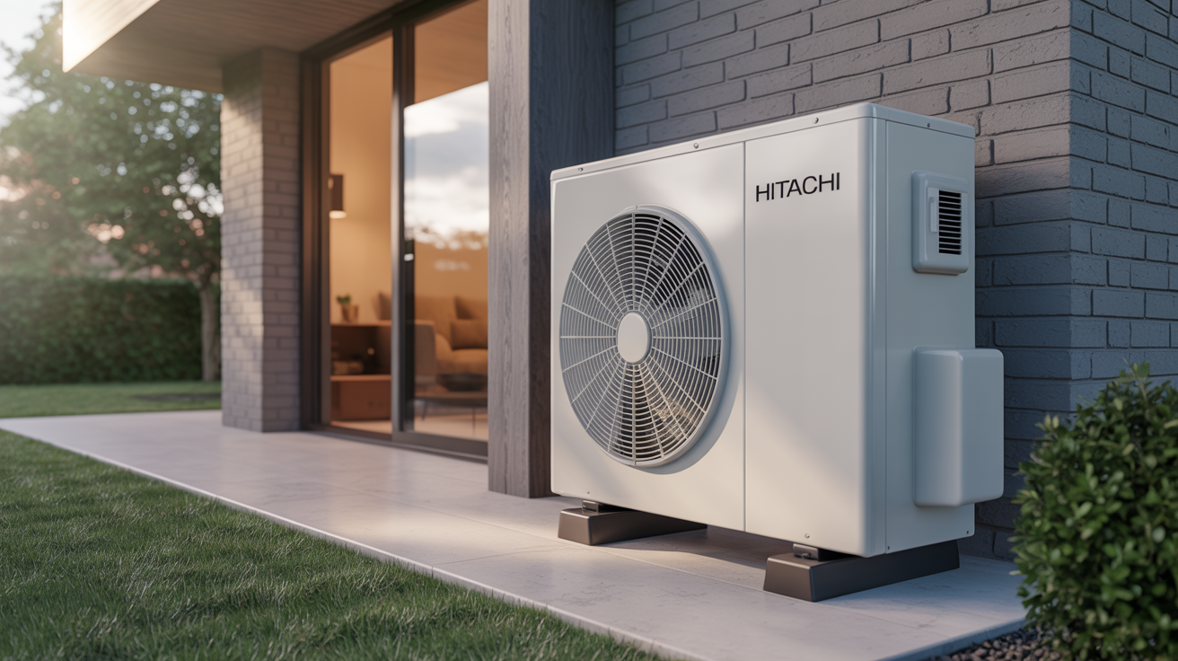 pompe à chaleur Hitachi Yutaki S Combi 11kW installée à l’extérieur d’une maison contemporaine