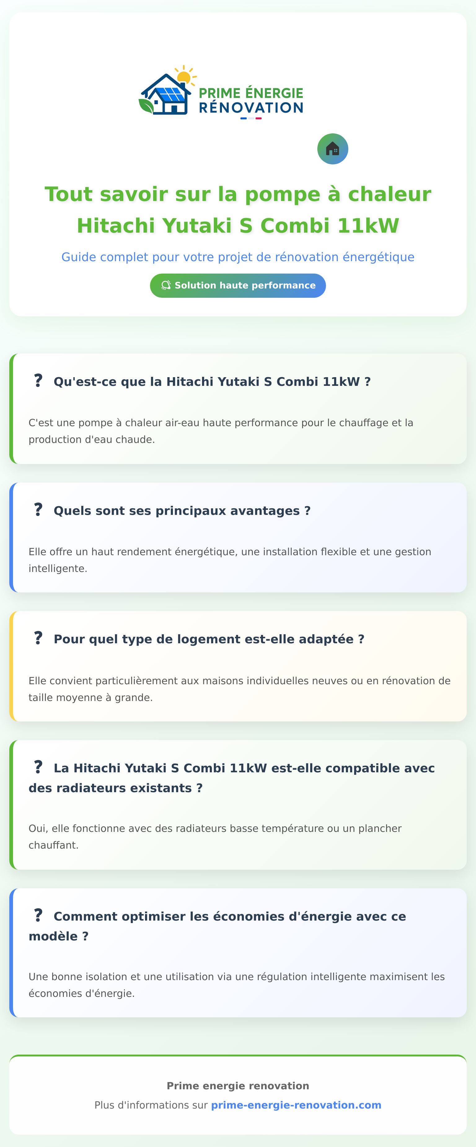 Infographie présentant la pompe à chaleur Hitachi Yutaki S Combi 11kW et ses caractéristiques clés
