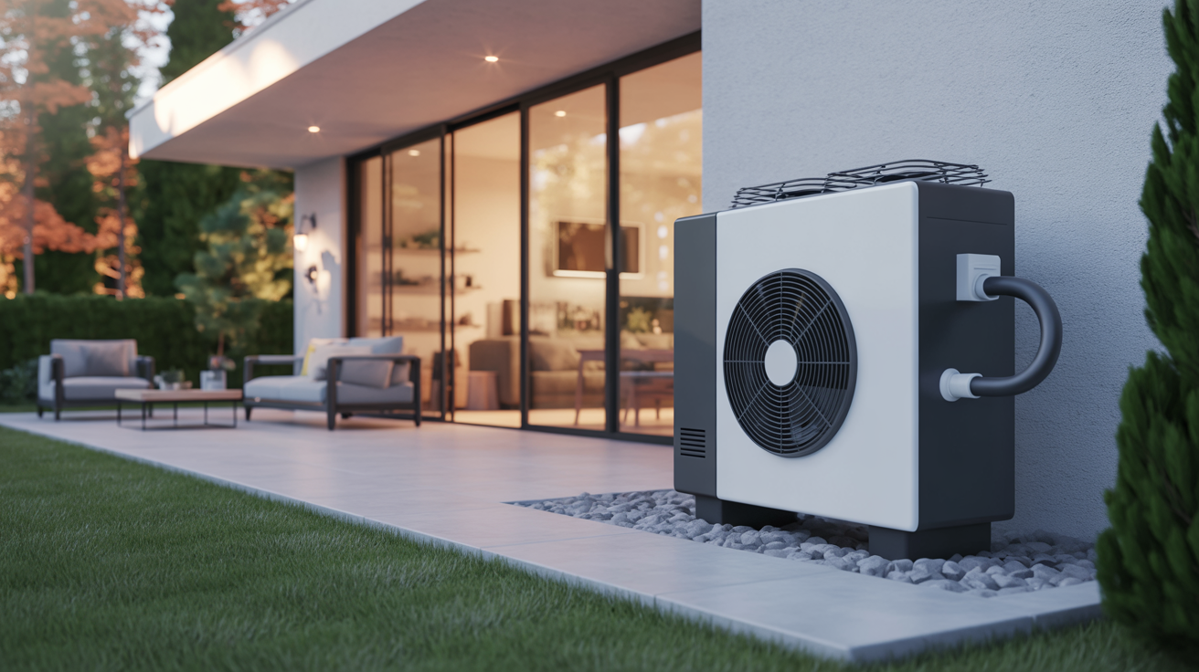pompe à chaleur hybride gaz installée devant une maison moderne en plein jour