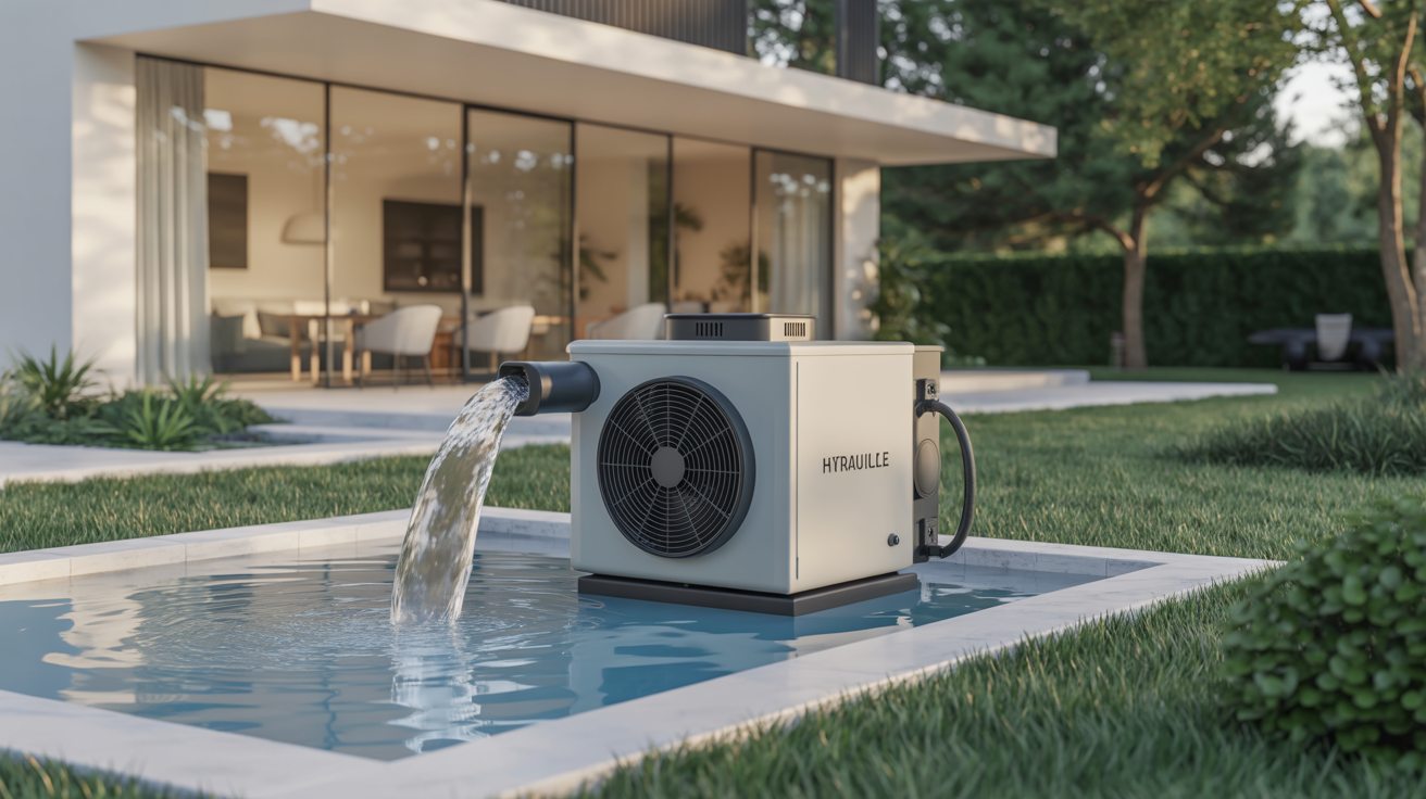 pompe à chaleur hydraulique installée à l’extérieur d’une maison récente avec jardin