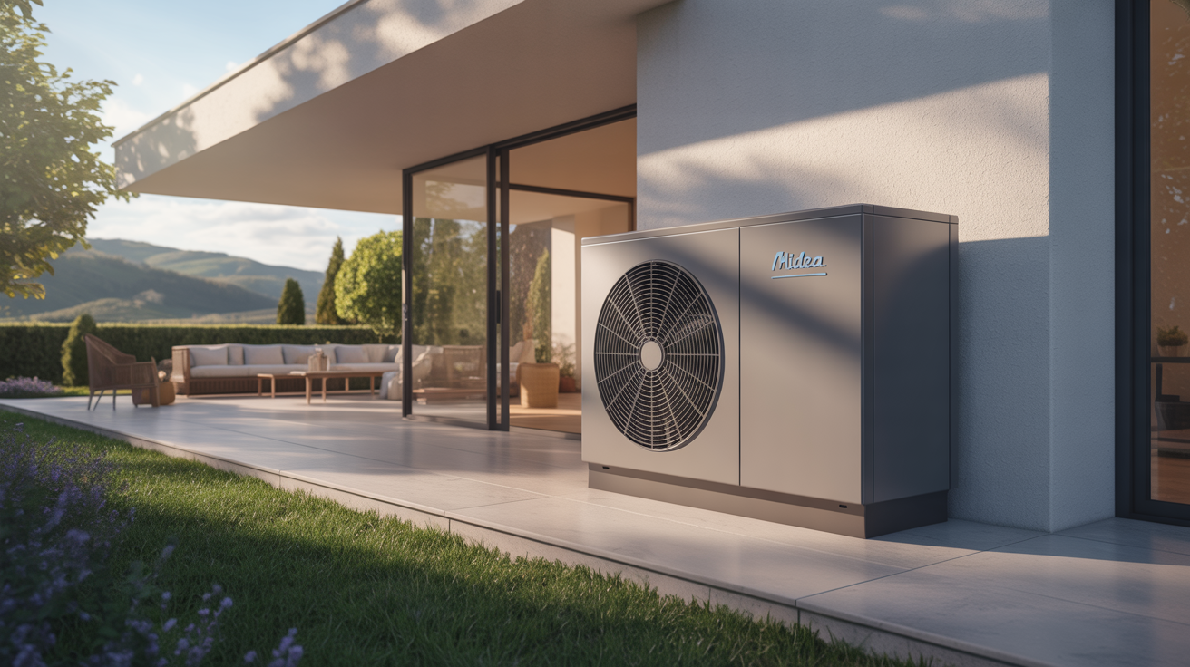 pompe a chaleur midea installée à l’extérieur d’une maison moderne avec terrasse et jardin