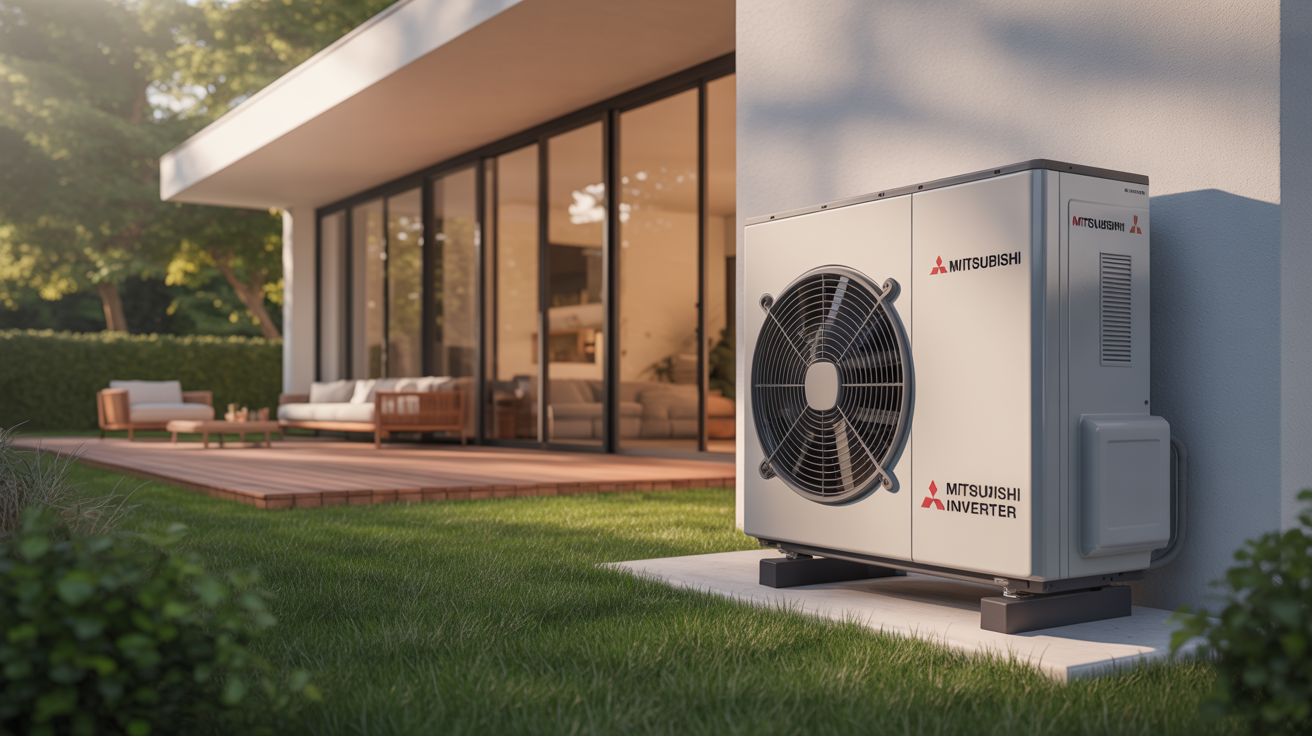 pompe à chaleur mitsubishi power inverter placée près d’une maison moderne sous une lumière naturelle