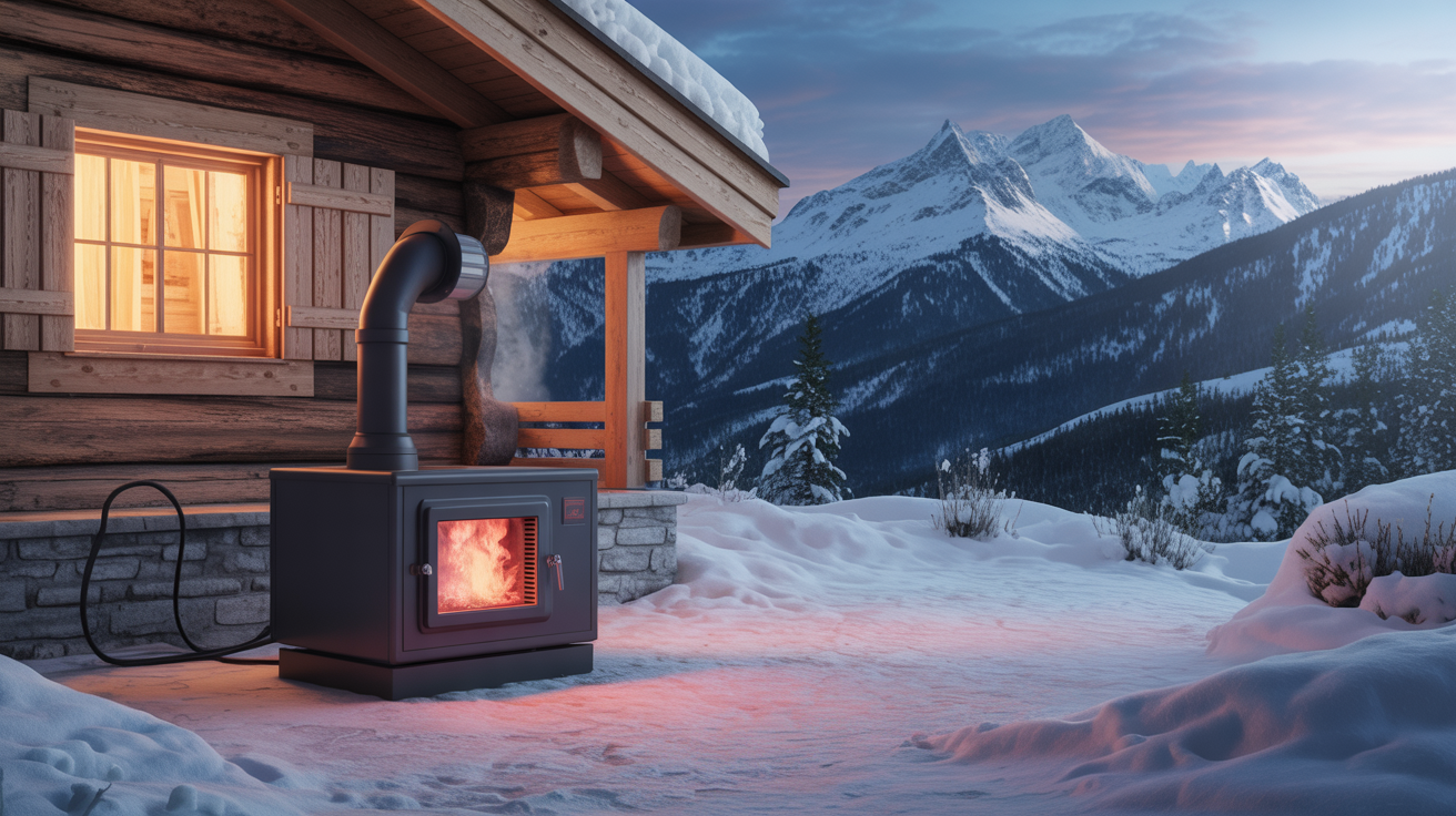 pompe a chaleur installée près d’un chalet en bois dans un paysage de montagne enneigée