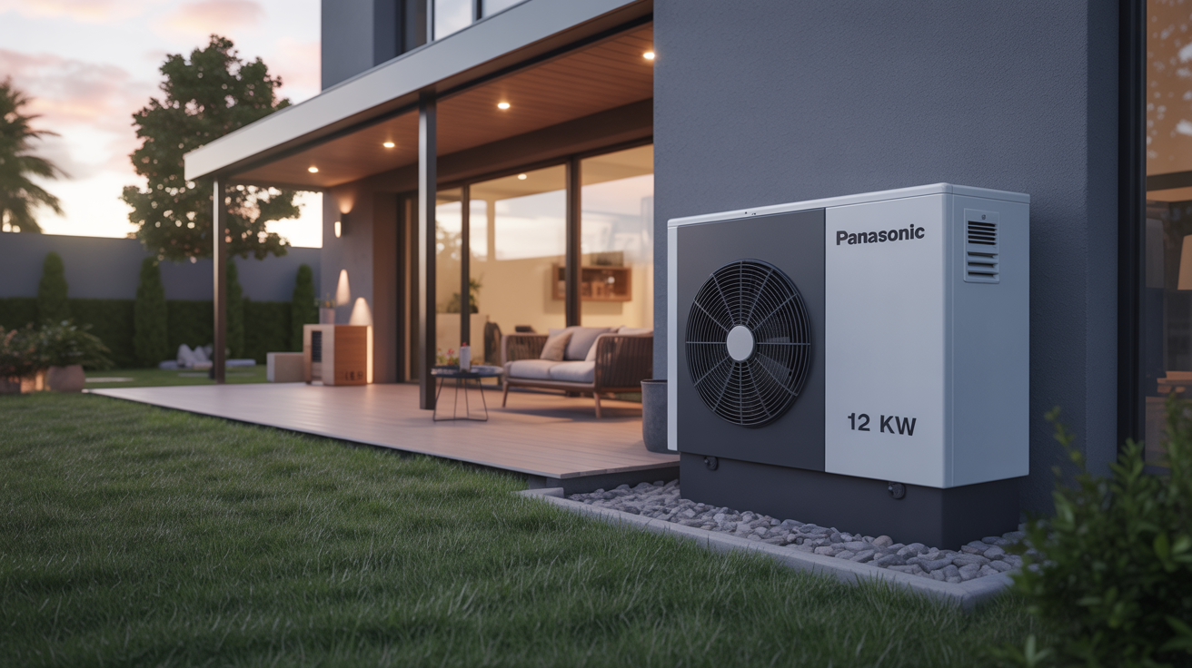 pompe à chaleur panasonic 12 kw installée devant une maison contemporaine sous une lumière naturelle