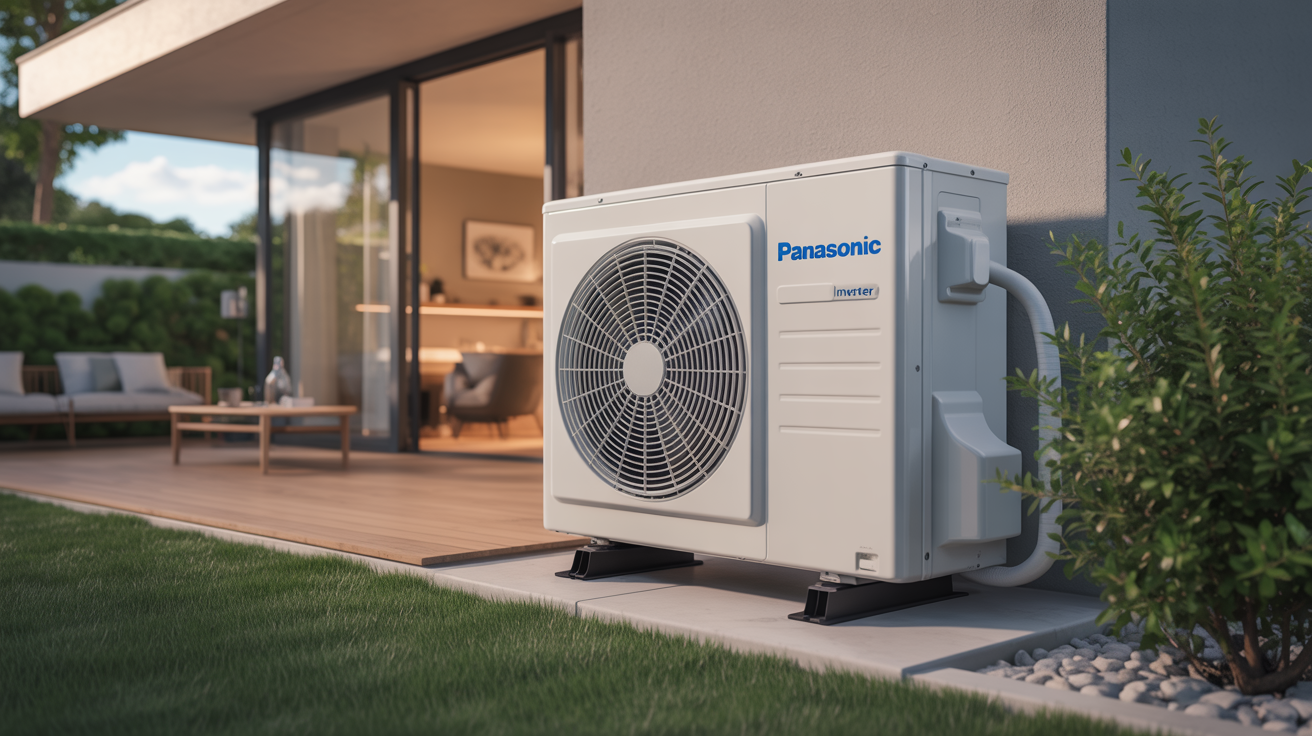 pompe à chaleur panasonic inverter posée à l’extérieur d’une maison moderne, sous la lumière naturelle