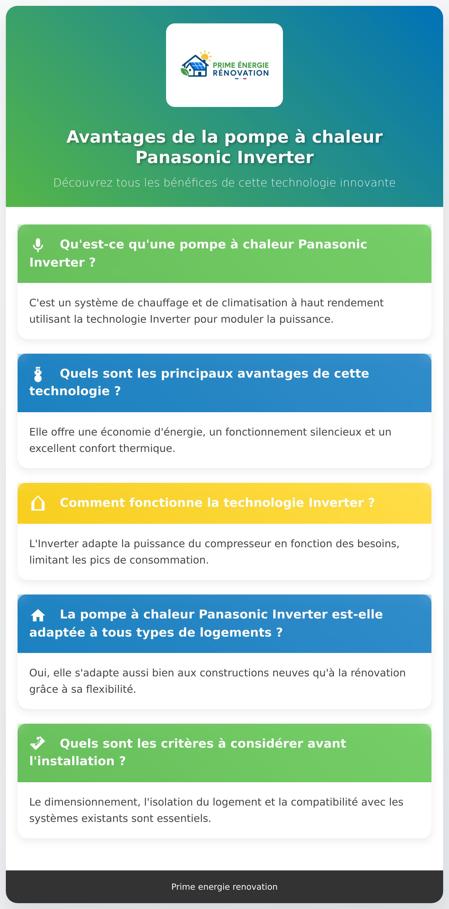 Infographie sur la pompe à chaleur Panasonic Inverter, ses avantages et son fonctionnement