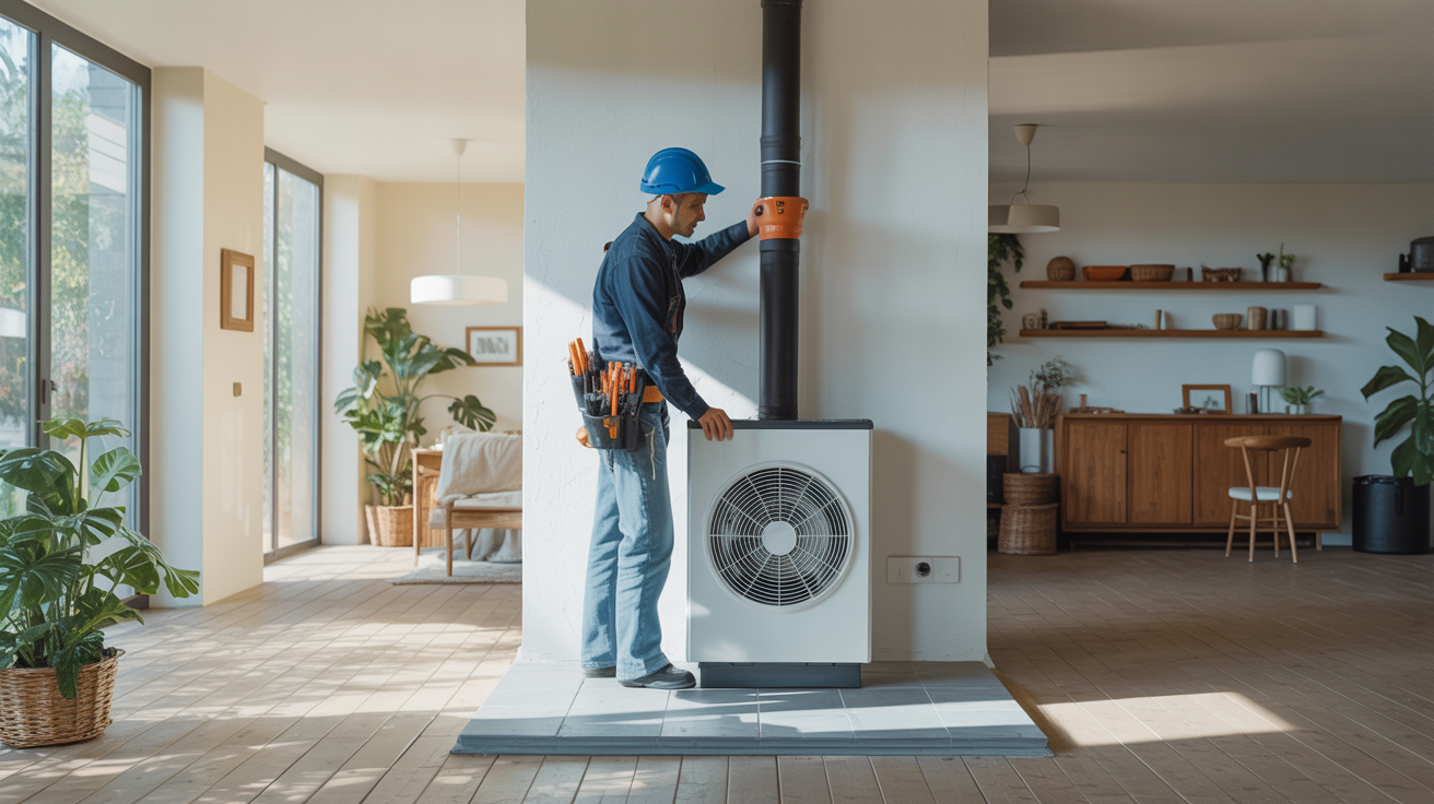 pompe à chaleur prix installation dans un intérieur moderne avec un professionnel en action