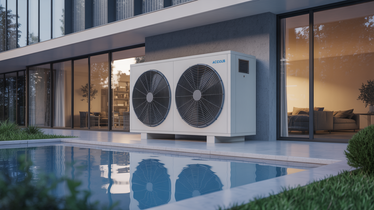 pompe a chaleur thermo acoustique installée à l’extérieur d’un bâtiment contemporain, vue réaliste