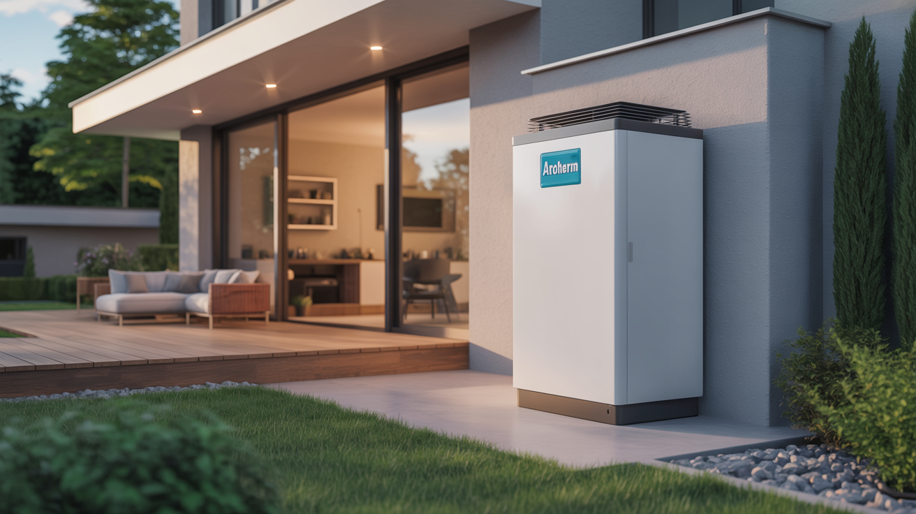 pompe à chaleur vaillant arotherm plus installée devant une maison moderne avec jardin entretenu